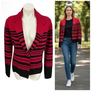 Audrey & Grace Blazer Womens Large Jacket Knit Red Black Stripe Office Sporty